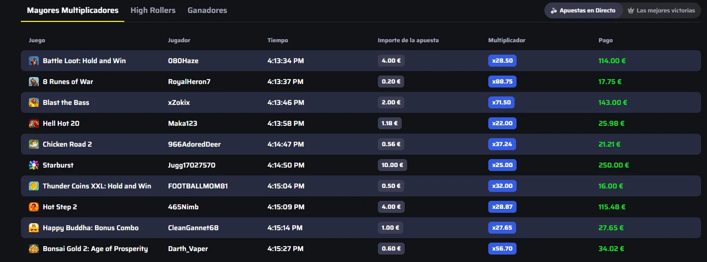 Tabla de mayores multiplicadores, apuestas en directo y pagos recientes en BDM Bet Casino
